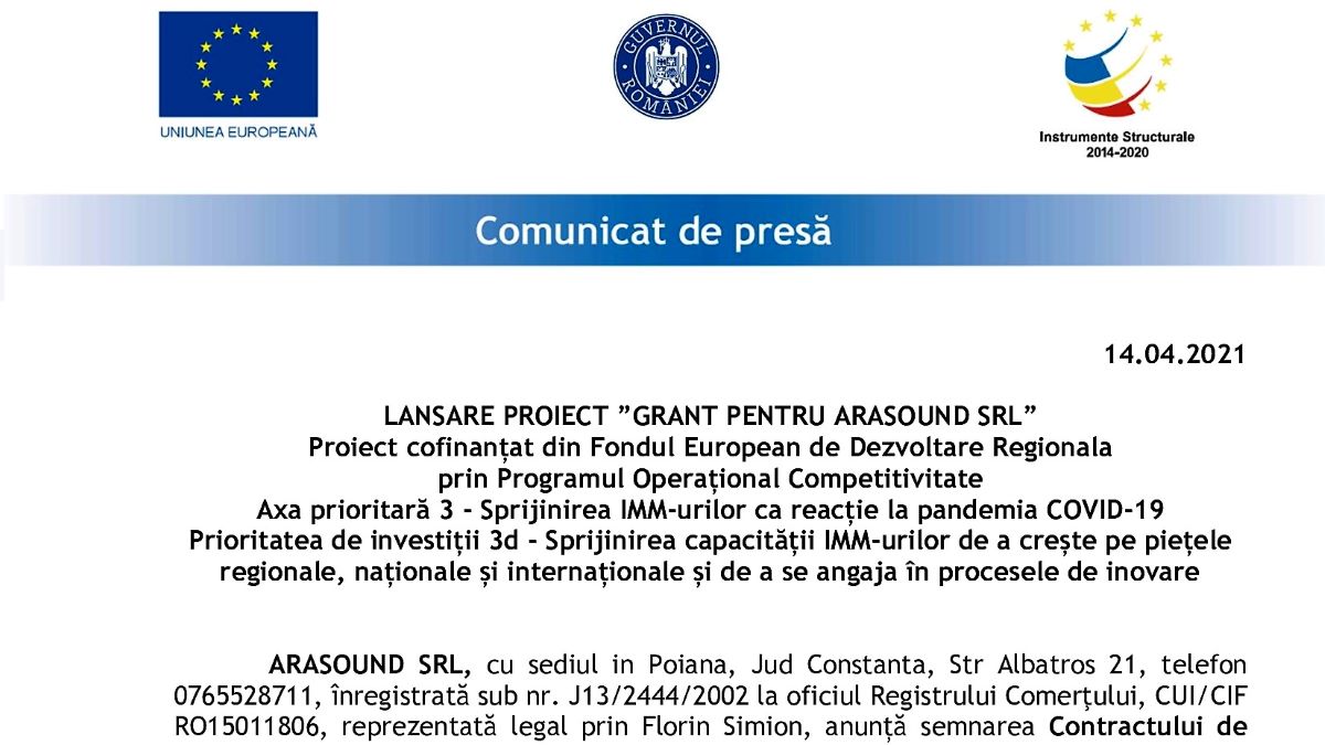 Eveniment de lansare a proiectului ”Grant pentru Arasound SRL”